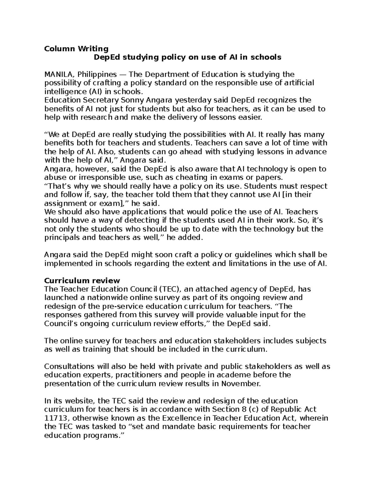 DepEd Policy on AI Use in Schools: A Column Writing Fact Sheet - Studocu