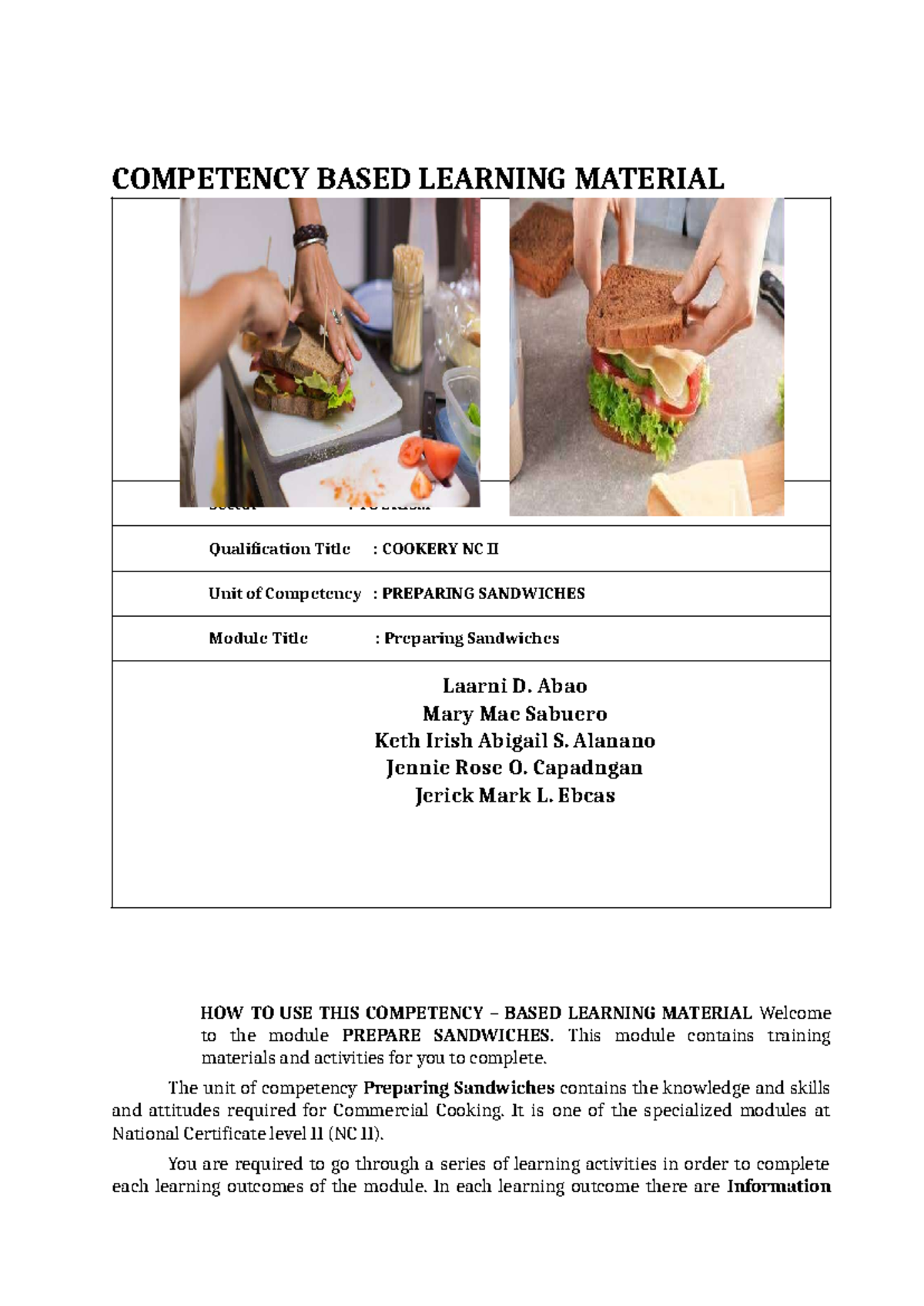 COOKERY NC II Module: Preparing Sandwiches Competency-Based Learning ...