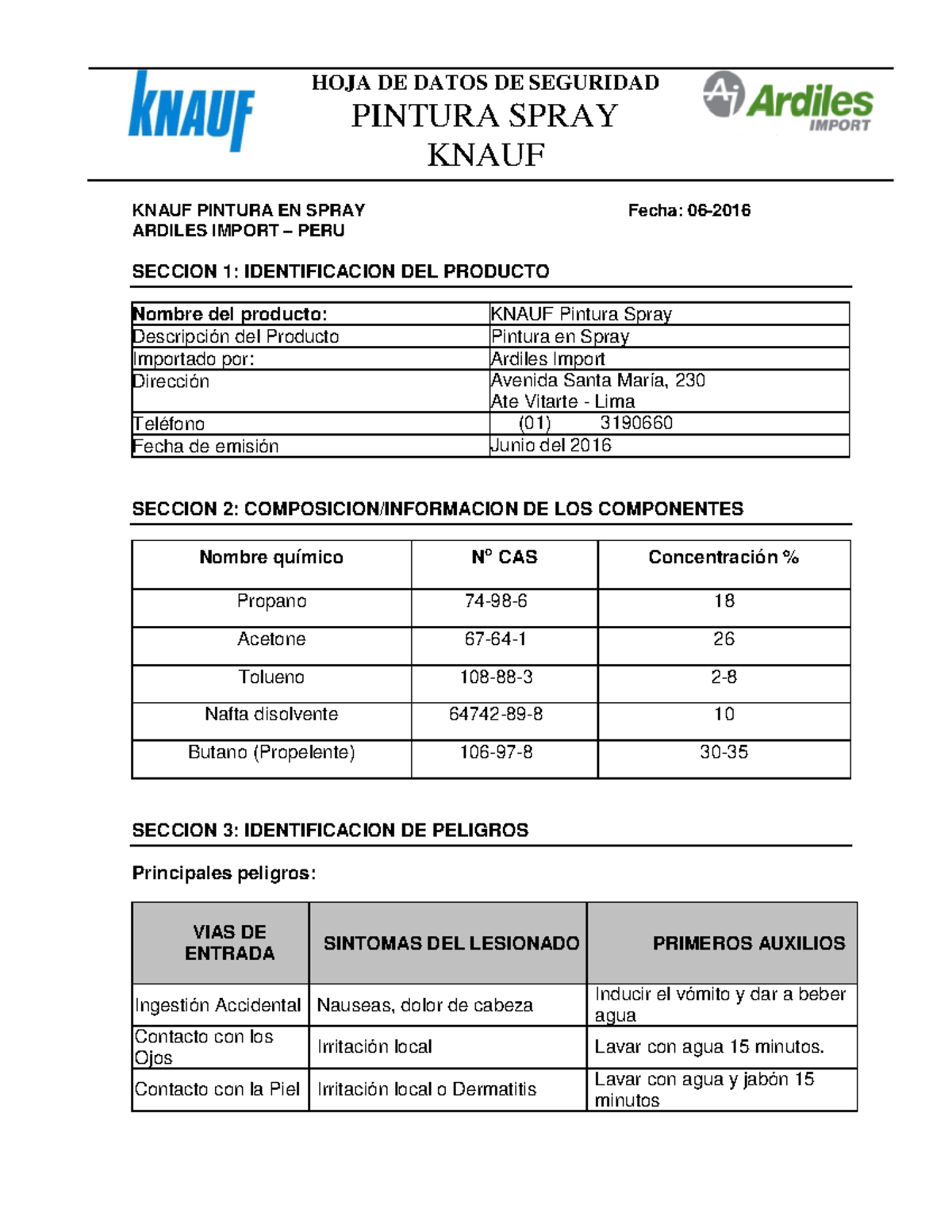 Hoja de Datos de Seguridad KNAUF Pintura Spray (MSDS) - Document Preview