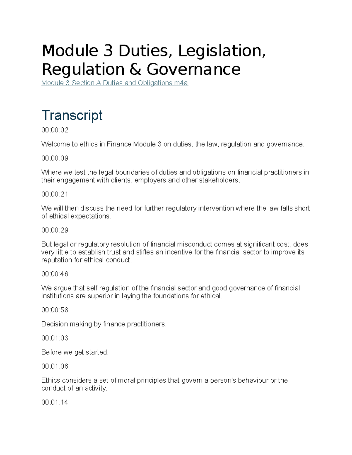 Module 3: Duties, Laws, Regulation & Governance Overview Transcript ...