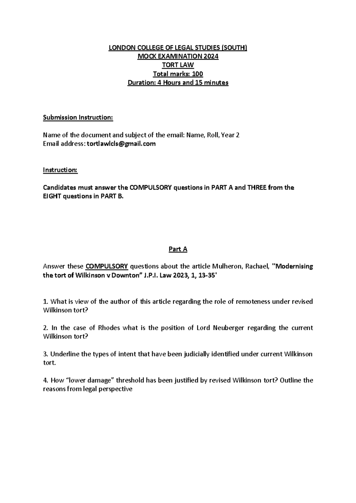 TORT LAW MOCK EXAM 2024 - LONDON COLLEGE OF LEGAL STUDIES - Studocu