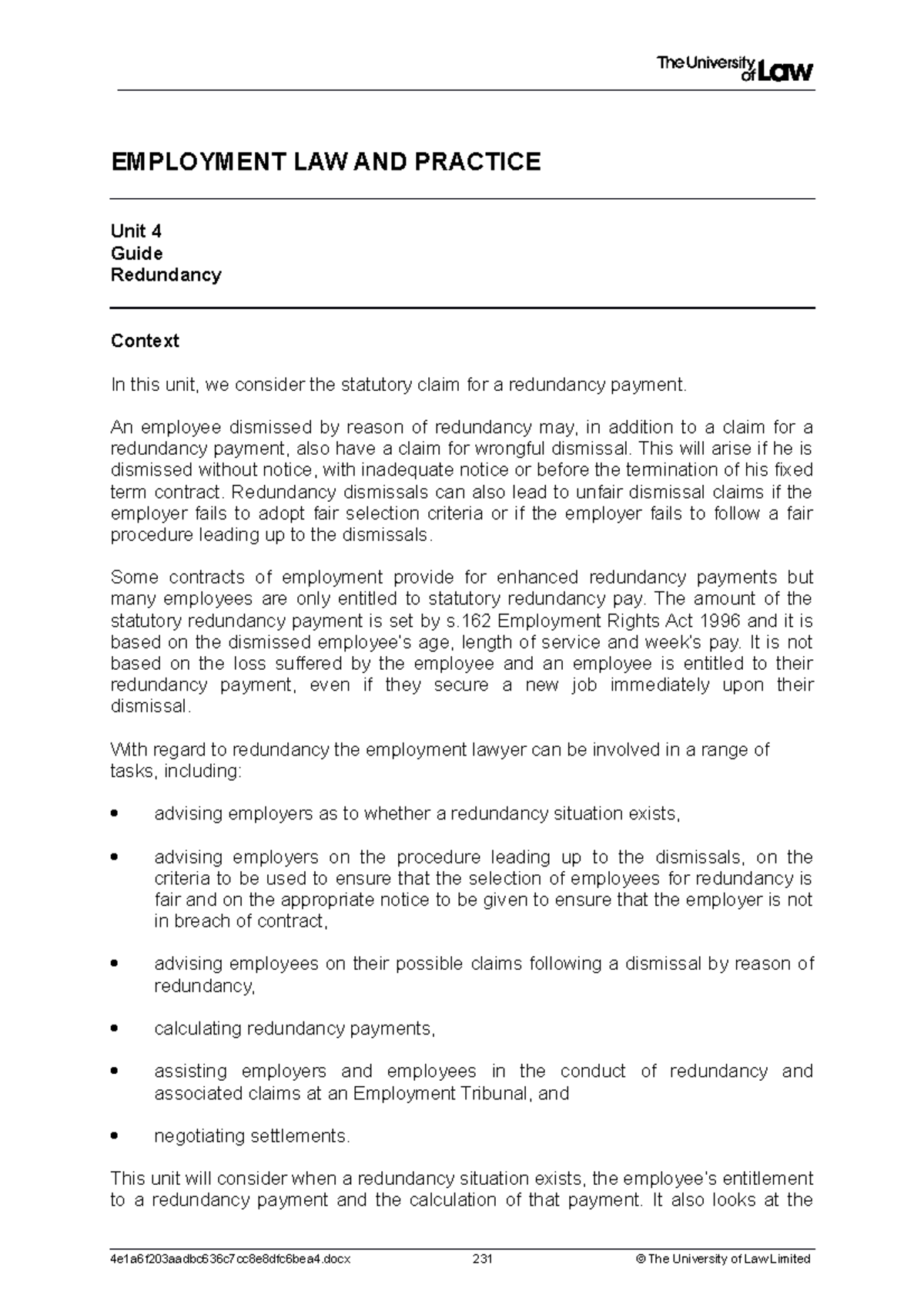Employment Law 4 - Lecture Notes on Redundancy Claims - Studocu