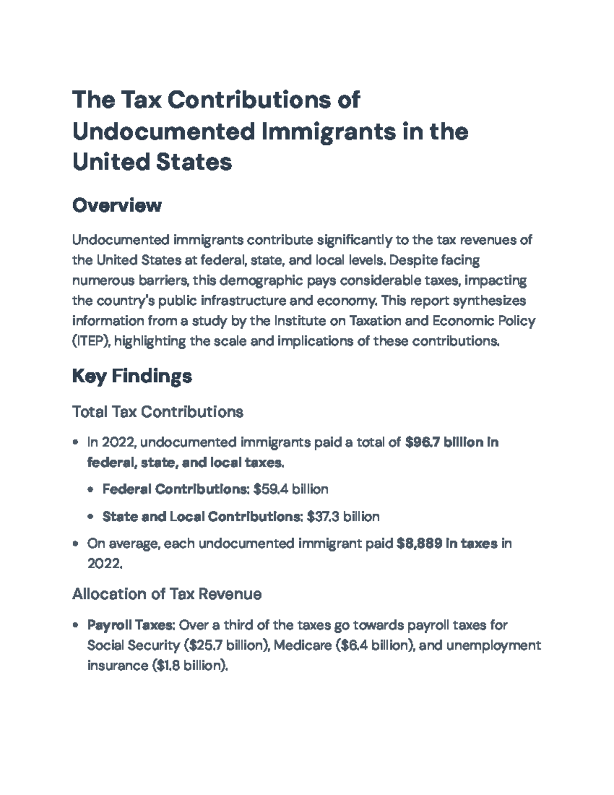 Tax Contributions of Undocumented Immigrants in the US (ITEP Report ...