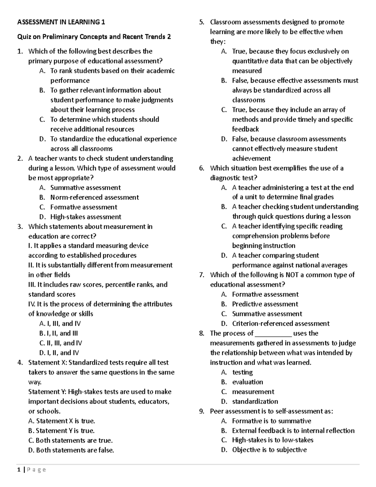 Assessment in Learning 1 Quiz: Preliminary Concepts & Trends - Studocu