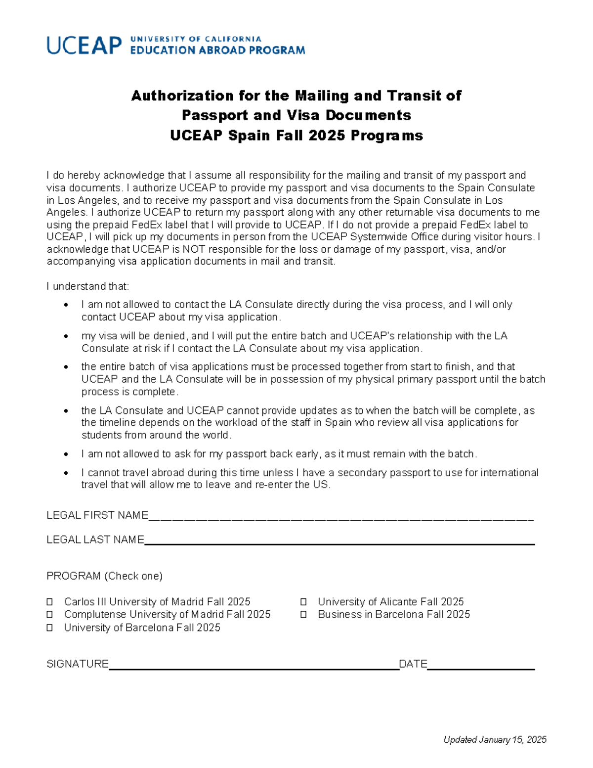 Visa Authorization Form - Updated January 15, 2025 Authorization for ...