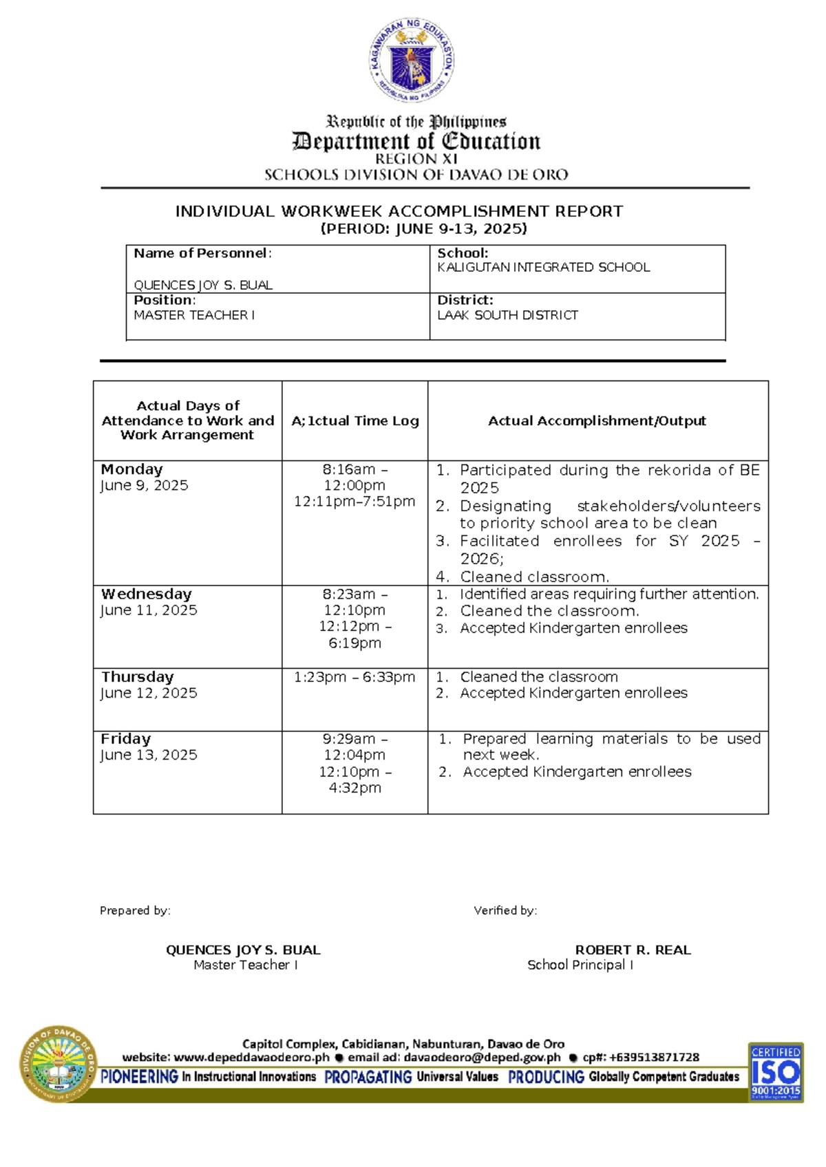 INDIVIDUAL WORKWEEK ACCOMPLISHMENT REPORT (JUNE 2025) - Studocu