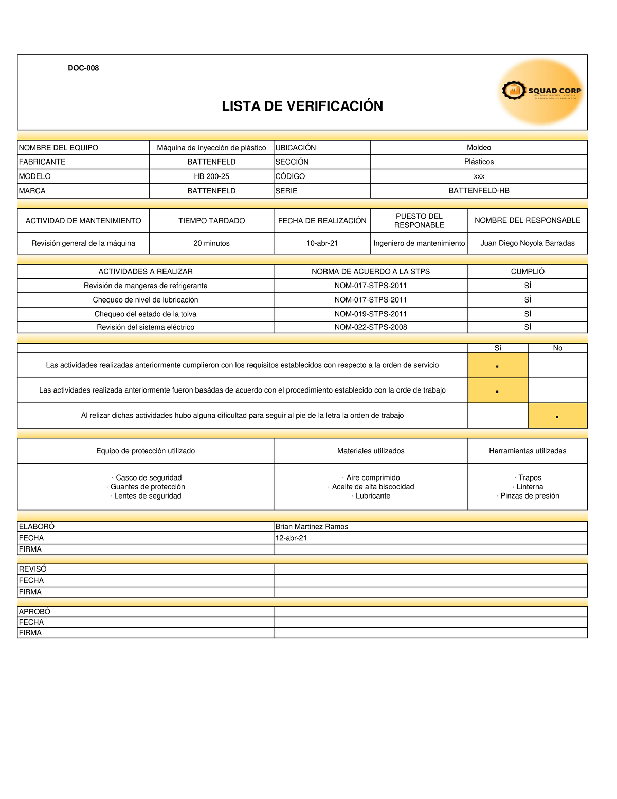 Práctica 8: Lista de Verificación para Máquina de Inyección de Plástico