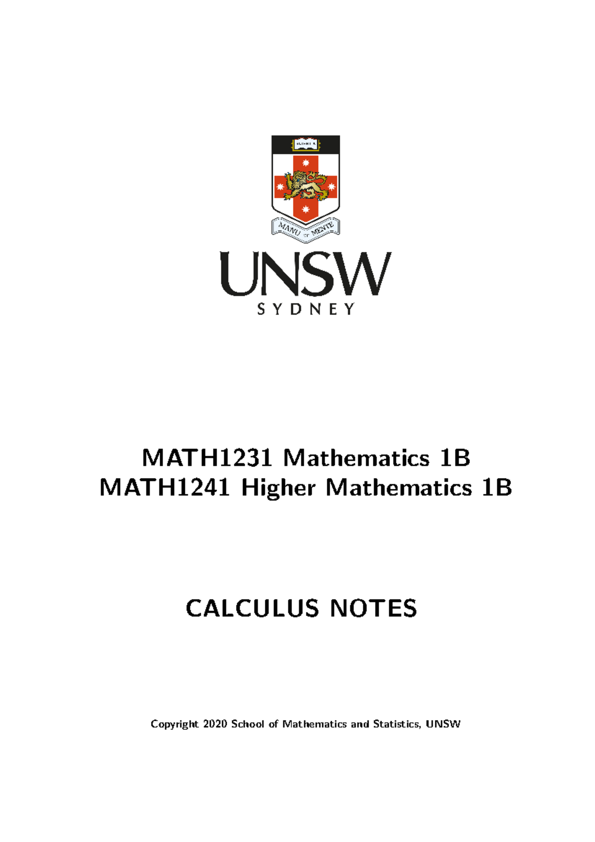 MATH1231/1241 Calculus Study Notes - 2020 Term 1 Overview - Document Preview