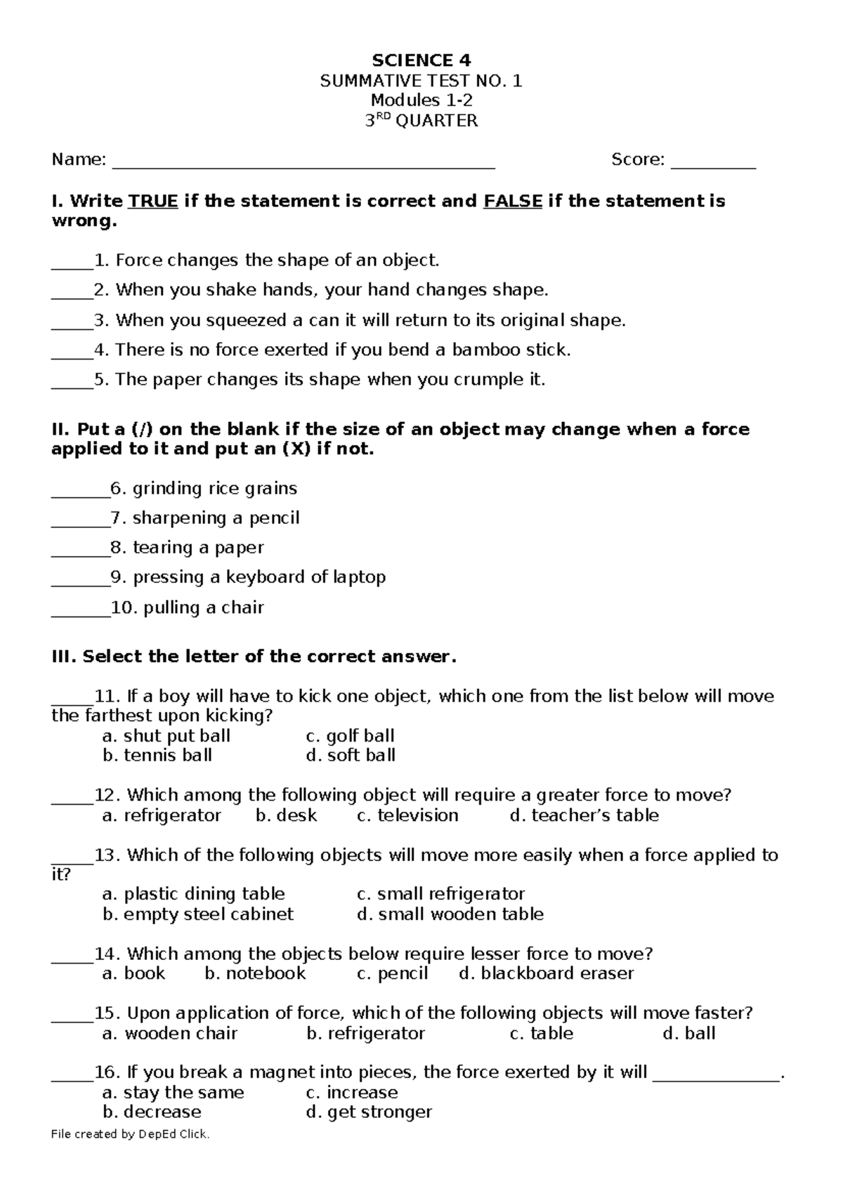 SCI4 ST1 Summative Test for 3rd Quarter Assessment - Studocu