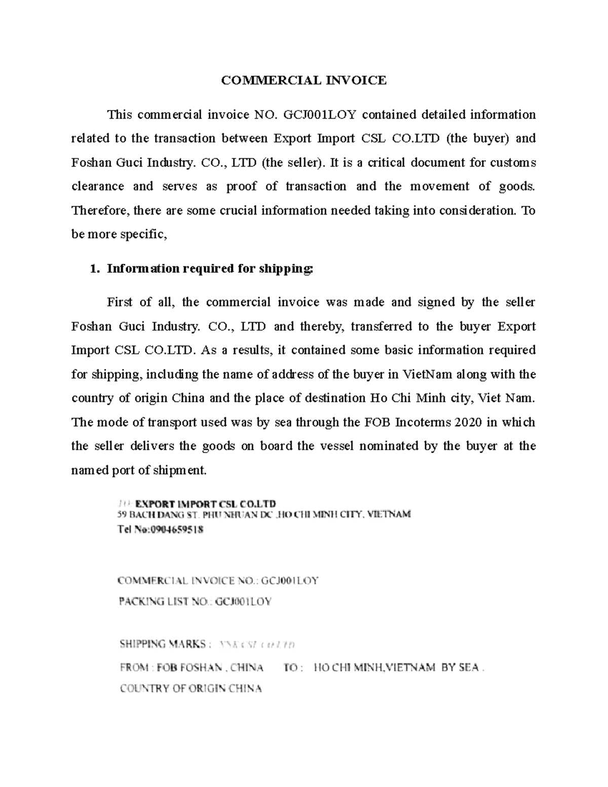 Commercial Invoice GCJ001LOY for Export Import CSL & Foshan Guci - Studocu
