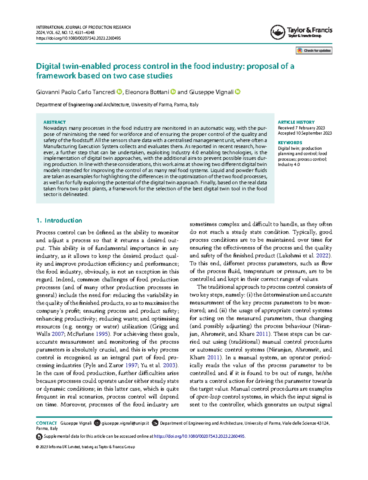 Digital Twin Framework for Food Process Control: Case Studies in ...