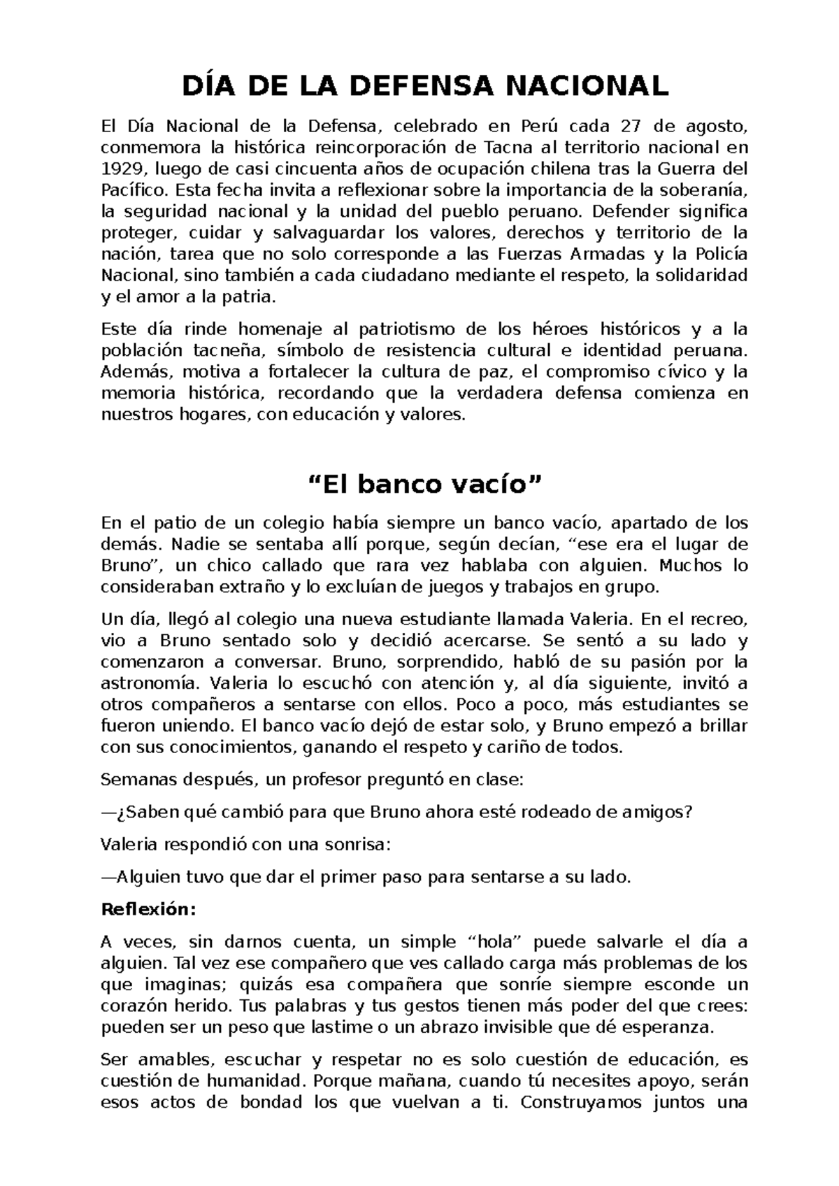 DÍA DE LA DEFENSA NACIONAL Y REFLEXIÓN CÍVICA EN PERÚ - Studocu
