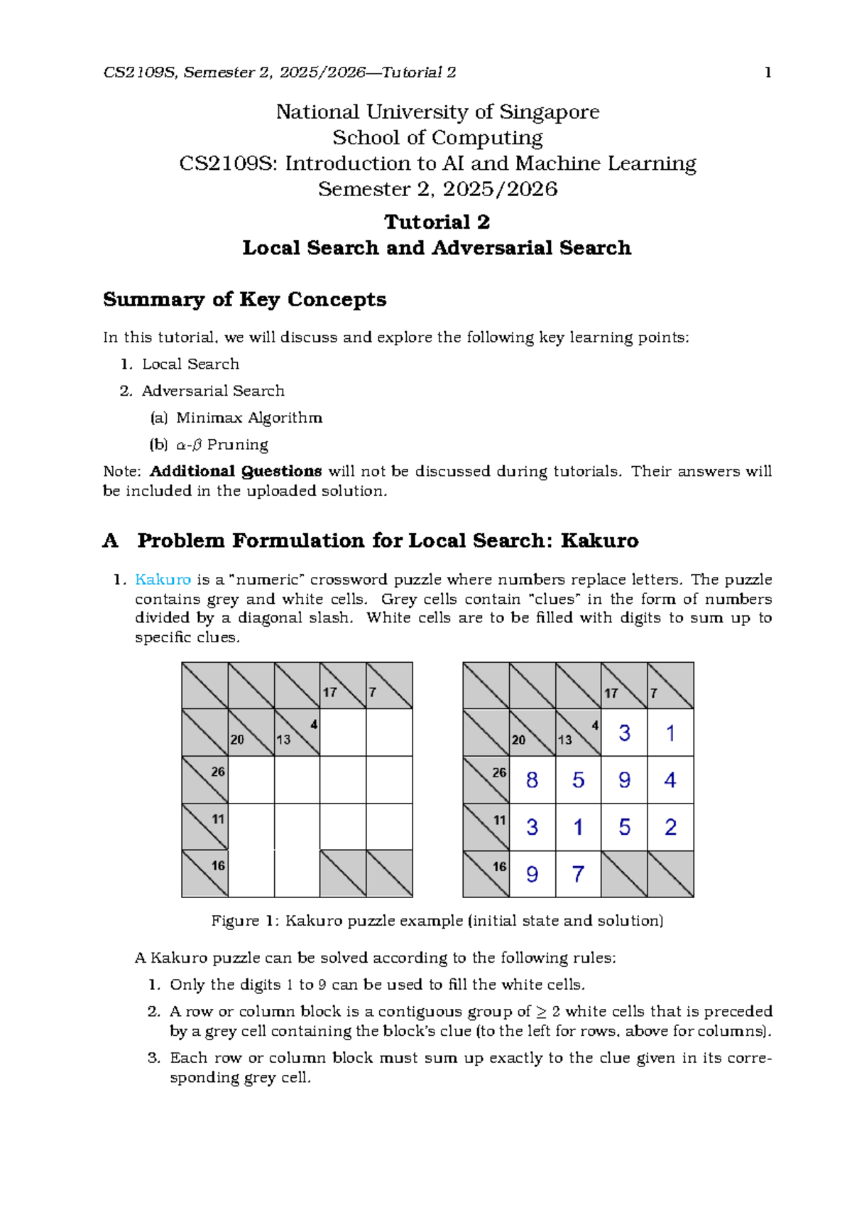 CS2109S: Tutorial 2 Summary on Local & Adversarial Search Concepts ...