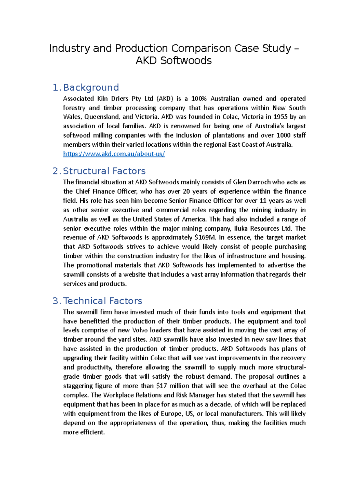 Industry and Production Comparison Case Study – AKD Softwoods Analysis ...