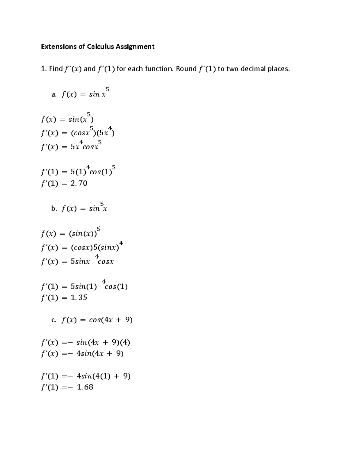 Extensions of Calculus Assignment 2: Function Analysis and Applications ...
