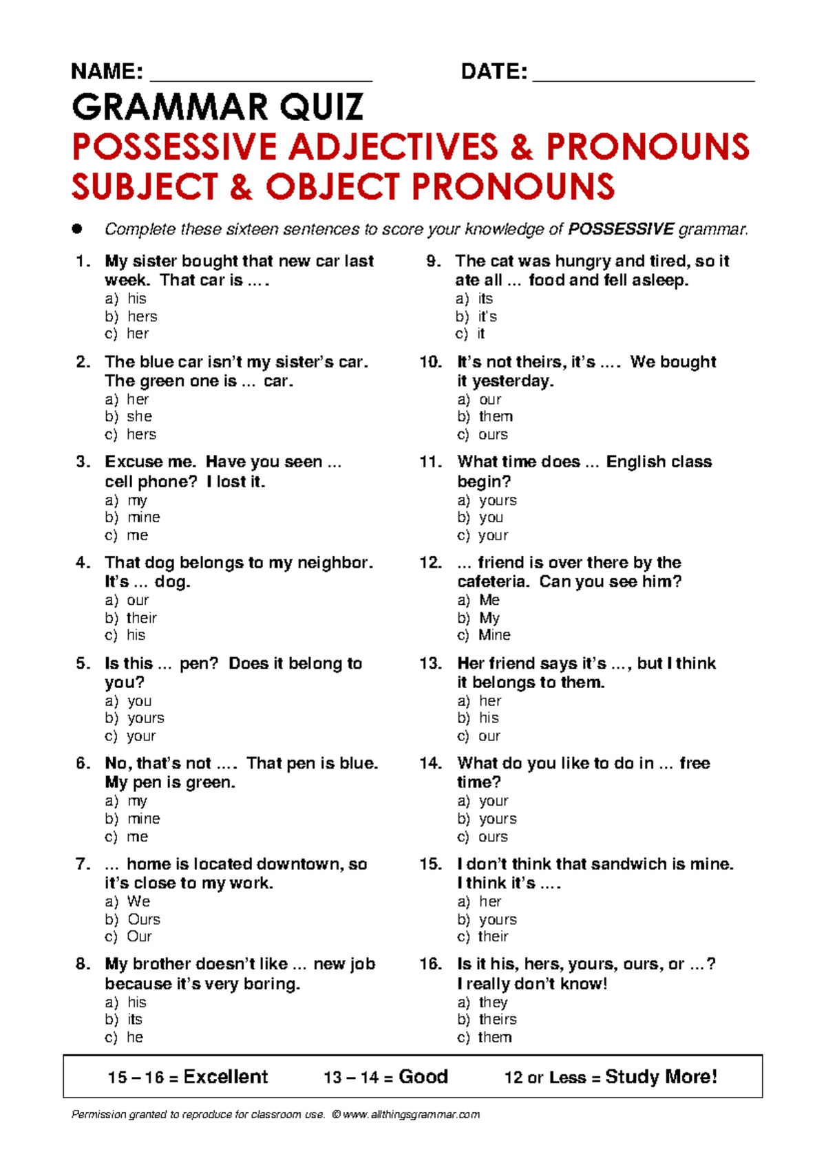 Atg Quiz: Possessive Adjectives & Pronouns Overview - Studocu