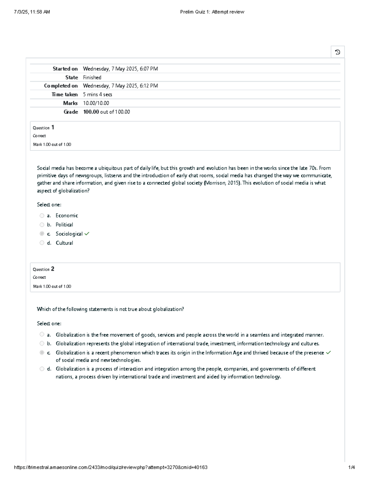 Prelim Quiz 1 Review: Globalization Insights and Concepts - Studocu