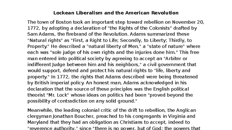 Lockean Liberalism and the American Revolution - Adams summarized these ...