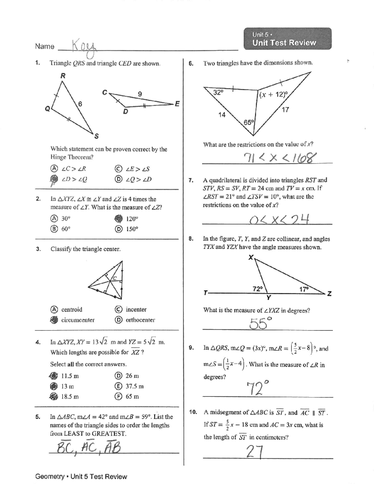 Geometry Unit 5 Test Review Answers - Studocu