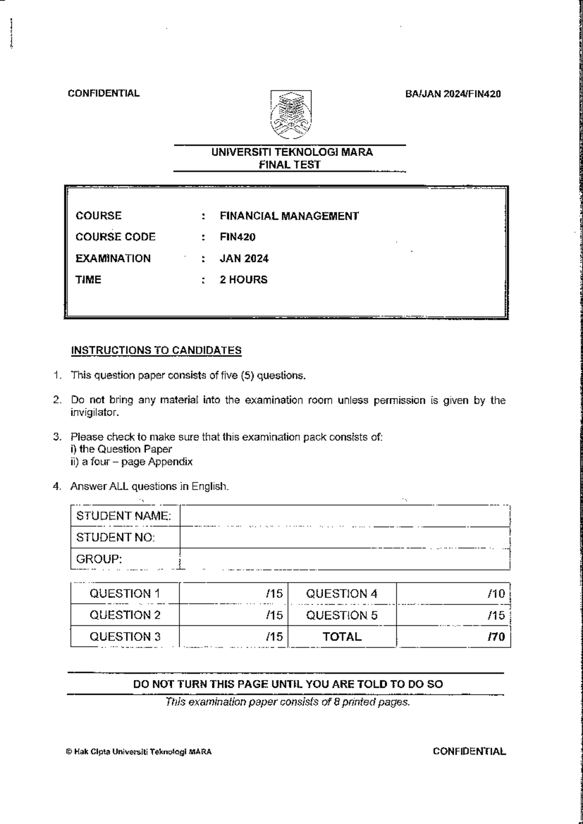 FIN420 Final Test Jan 2024 - Financial Management Sample Questions ...