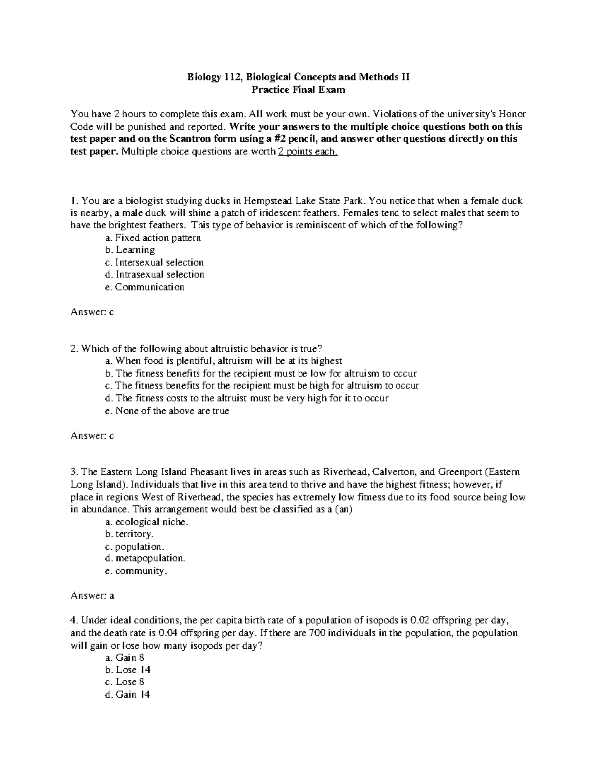 Bio 112 Practice Final Exam Review and Sample Questions - Studocu
