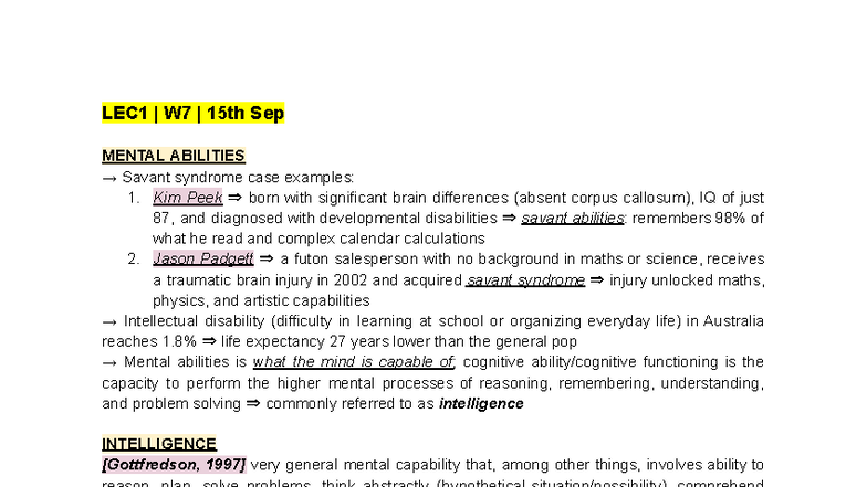 PSYC1002 LEC W7 Mental Abilities: Savant Syndrome & Intelligence ...