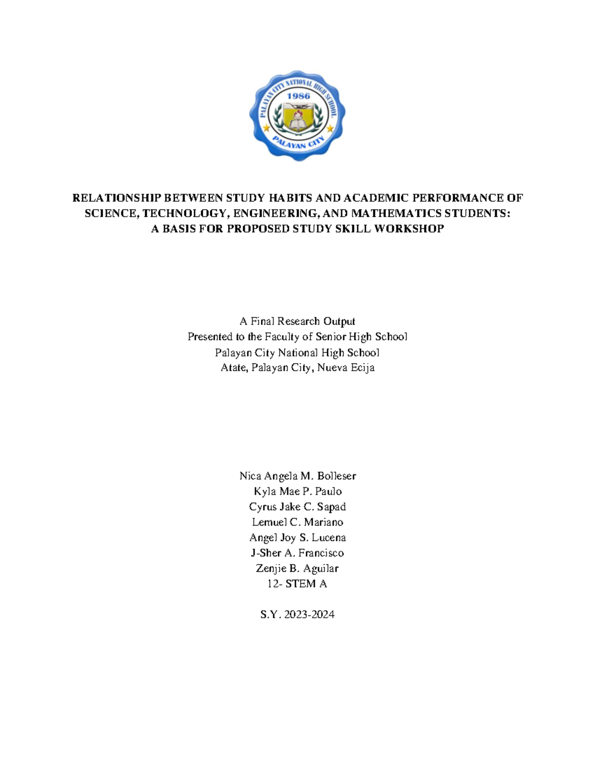RELATIONSHIP BETWEEN STUDY HABITS AND ACADEMIC PERFORMANCE OF STEM ...