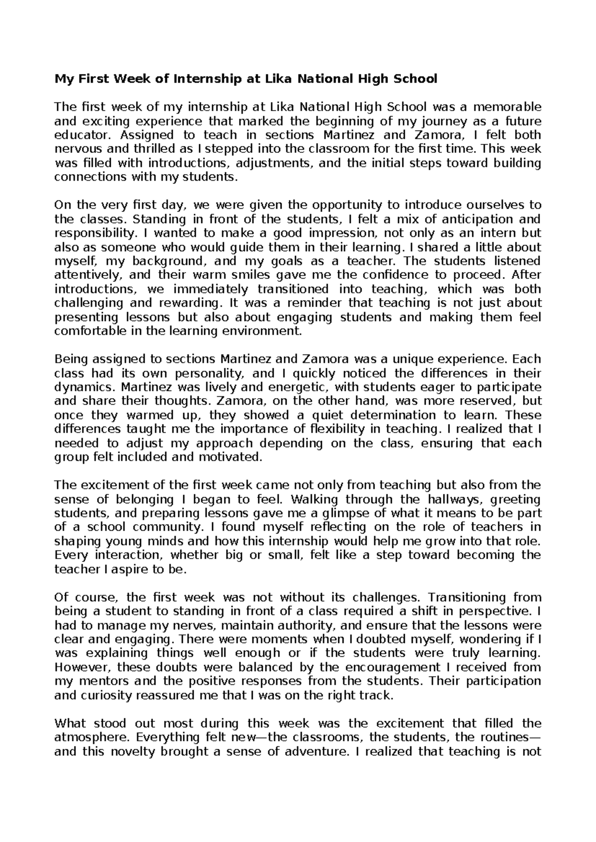 9-Week Internship Reflections at Lika National High School - Studocu