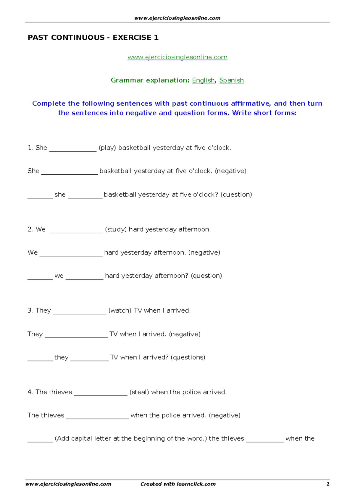 PAST CONTINUOUS EXERCISE 1: Grammar Practice in English & Spanish - Studocu
