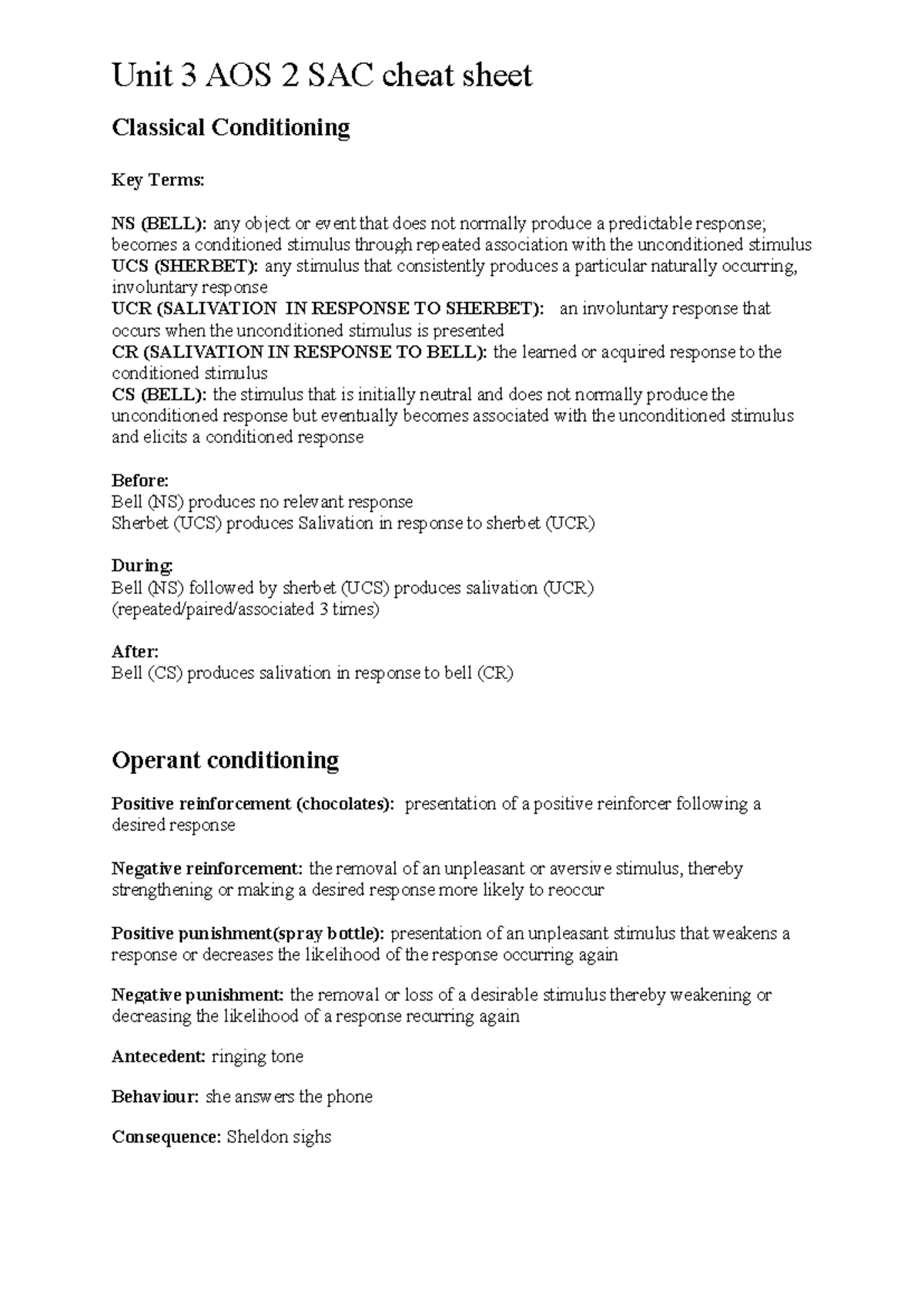 Unit 3 AOS 2 SAC Cheat Sheet: Classical Conditioning Key Terms - Studocu