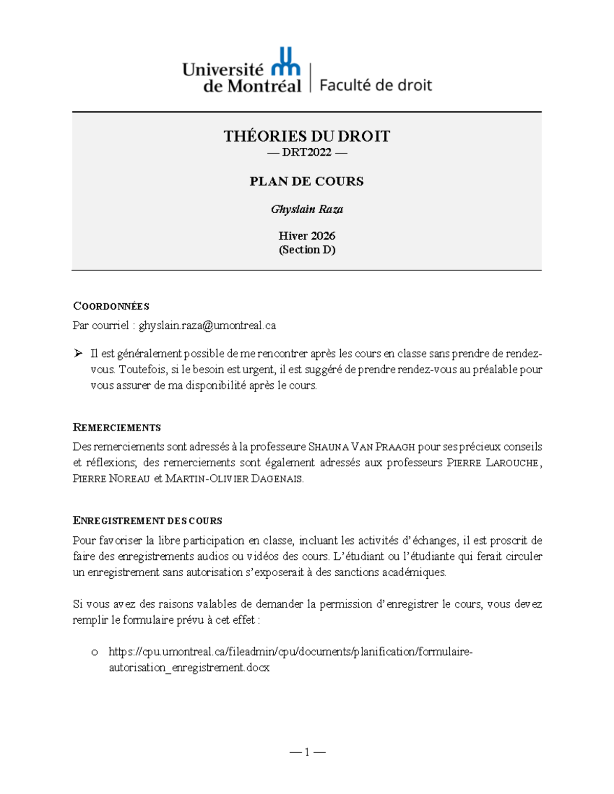 DRT2022-D-H26 — Plan de Cours sur les Théories du Droit - Studocu
