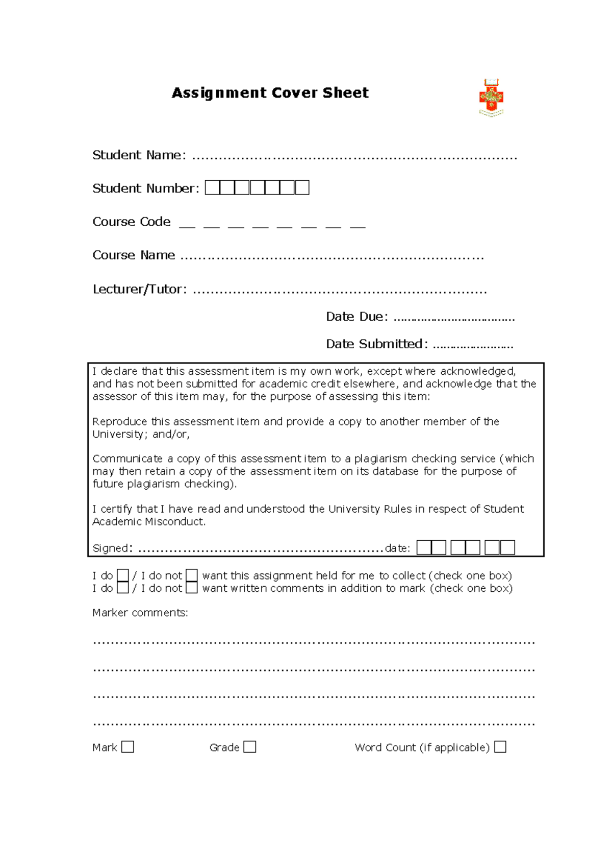 Assignment Cover Sheet Template for Course Code ...
