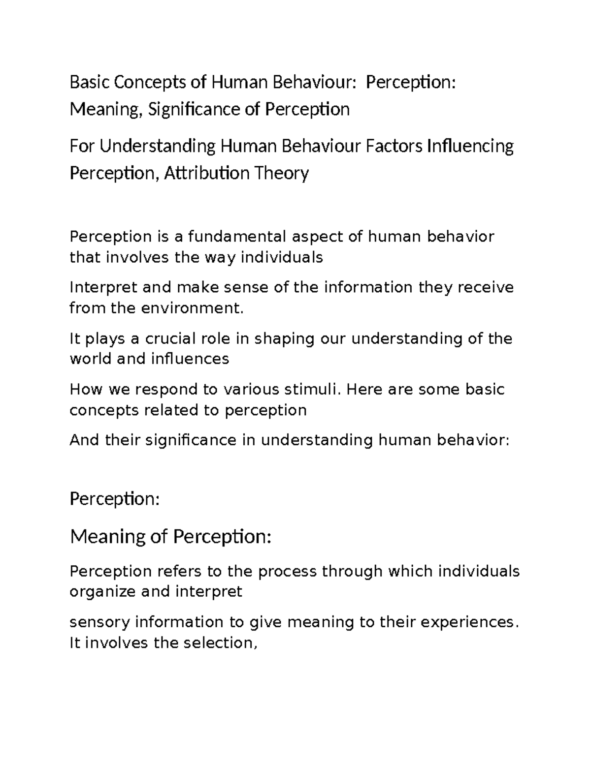 Basic Concepts of Perception in Human Behaviour: An Overview - Studocu