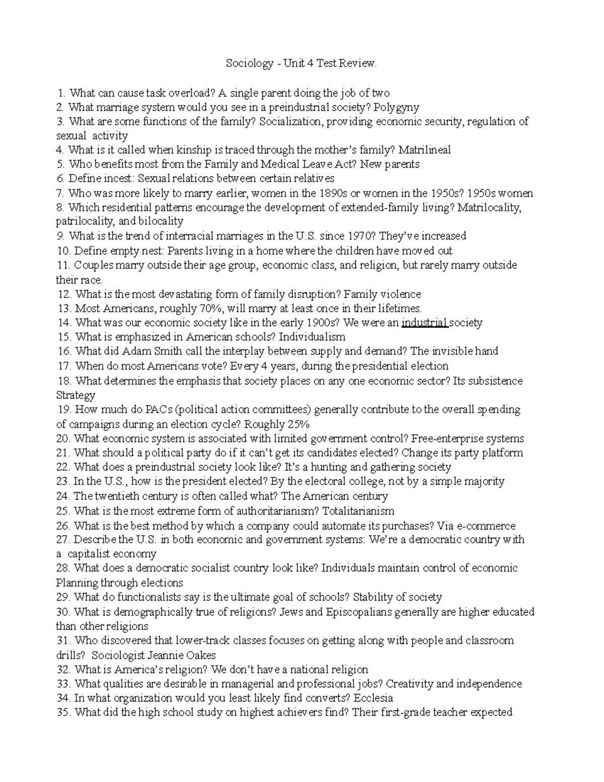 Sociology - Unit 4 Test Review Guide and Key Concepts - Studocu