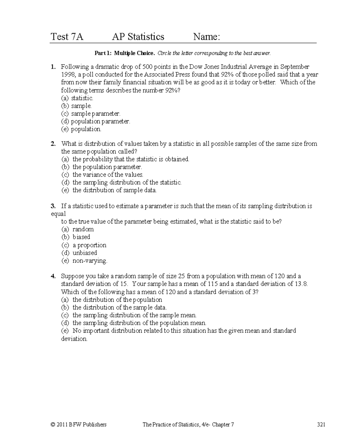 Chapter 7 Practice Test - AP Statistics 1231 - Studocu