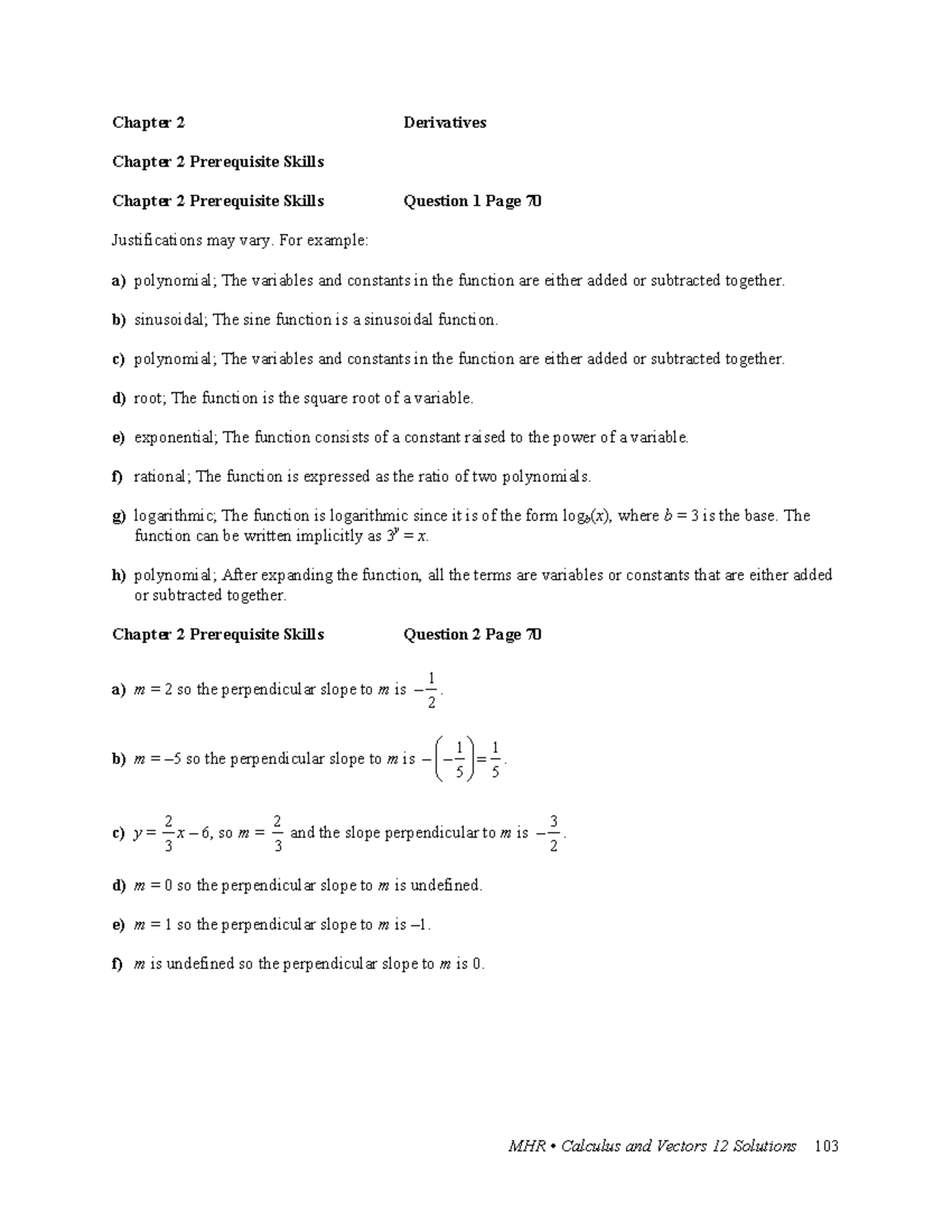 MHR Calculus and Vectors 12 Chapter 2 Prerequisite Skills Solutions ...