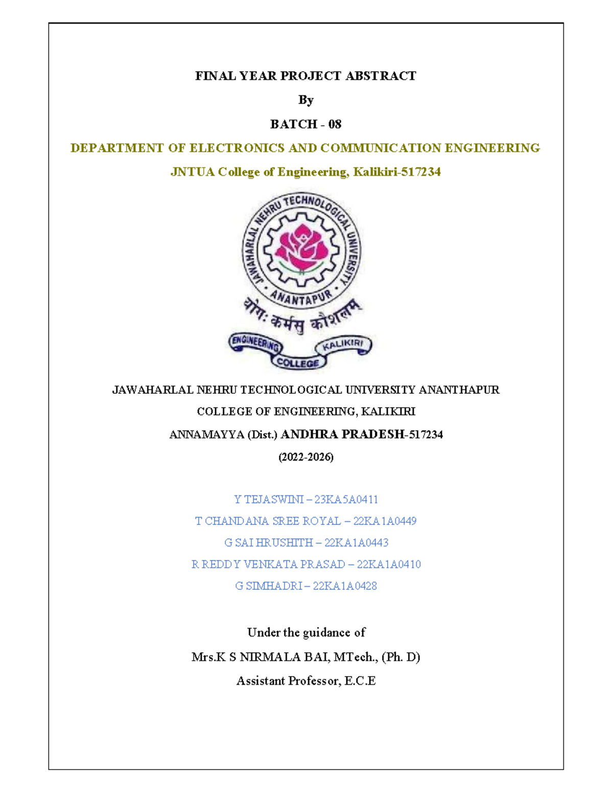 FINAL YEAR PROJECT ABSTRACT - ECE BATCH 08 JNTUA - Studocu