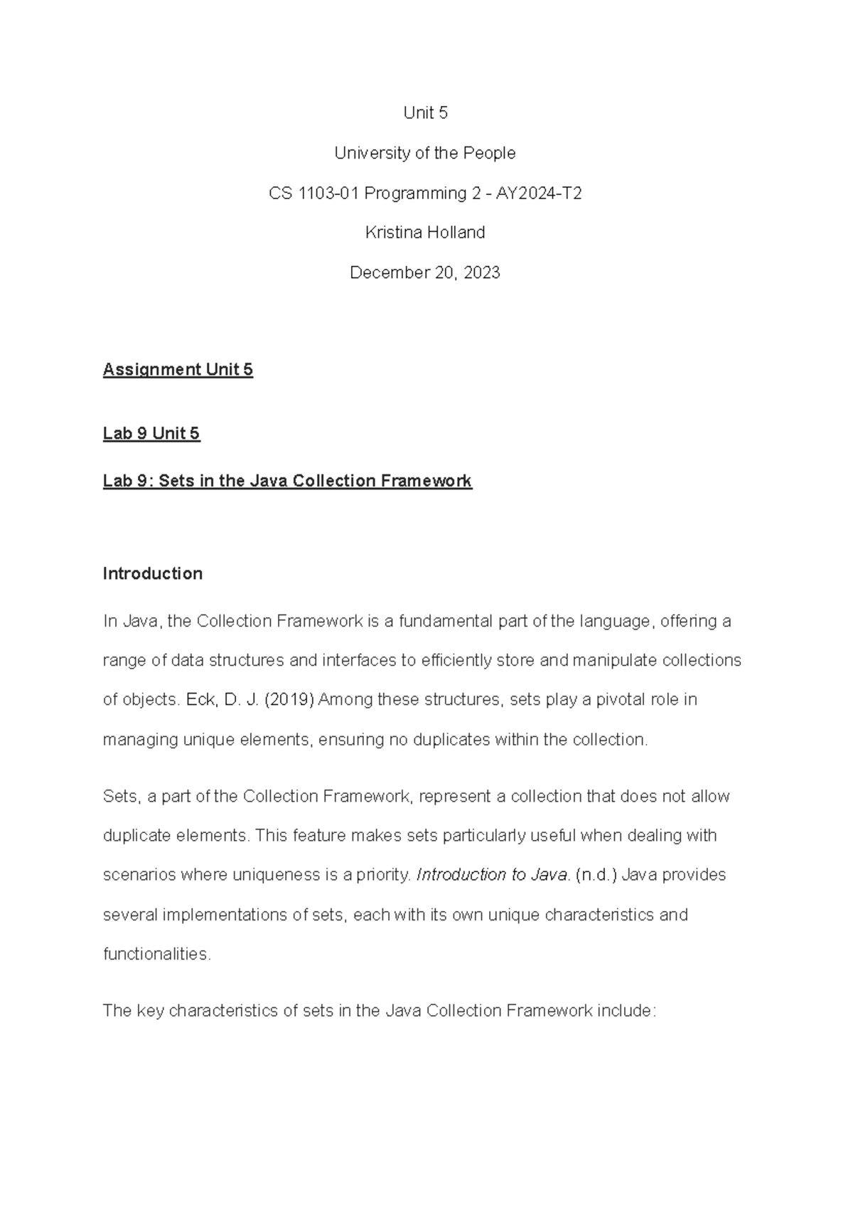 Assignment 5: Exploring Sets in Java Collection Framework (CS 1103-01 ...