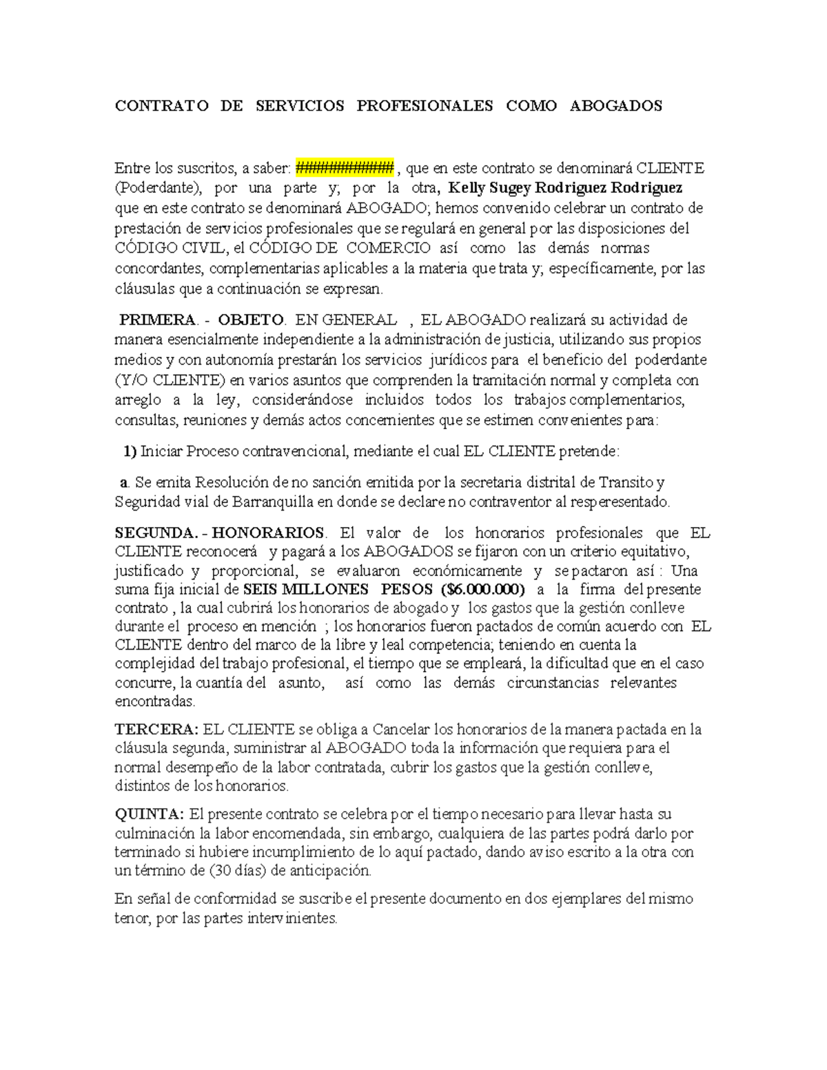 Contrato de Servicios Profesionales de Abogado - Detalles y Honorarios ...