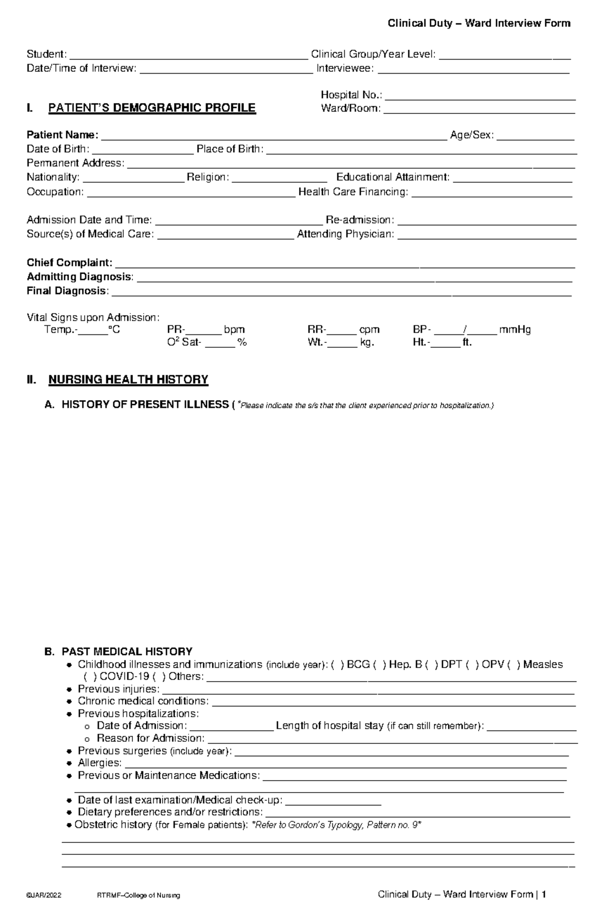 Clinical Duty Ward Interview Form: Comprehensive Patient Assessment ...