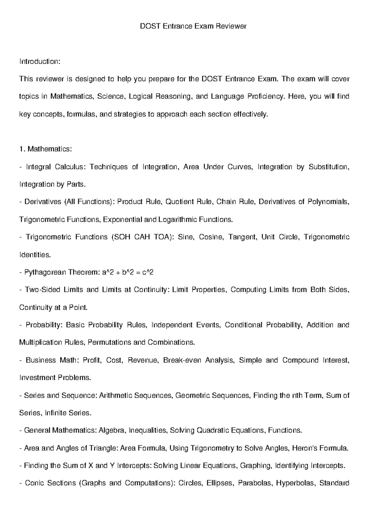 DOST Entrance Exam Reviewer: Key Concepts & Strategies - Studocu