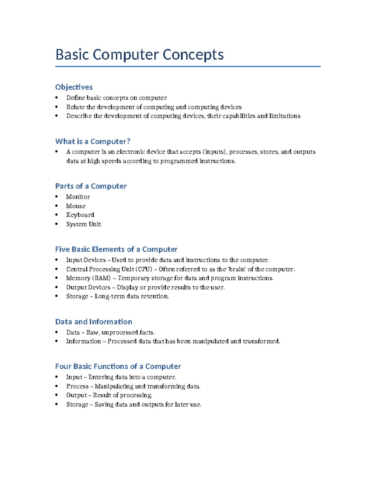 Basic Computer Concepts Review: Key Objectives and Functions - Studocu