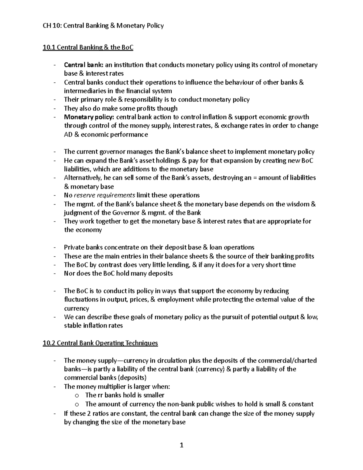Econ 203 Chapter 10: Central Banking & Monetary Policy Overview - Studocu