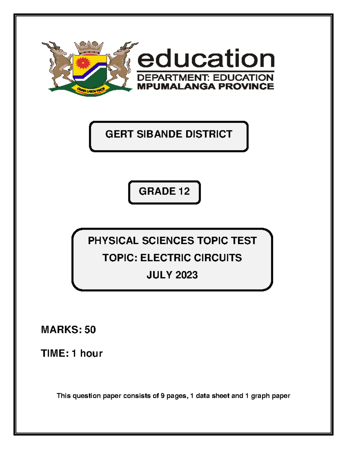 Grade 12 Physical Sciences Topic Test QP G12: Electric Circuits (July ...