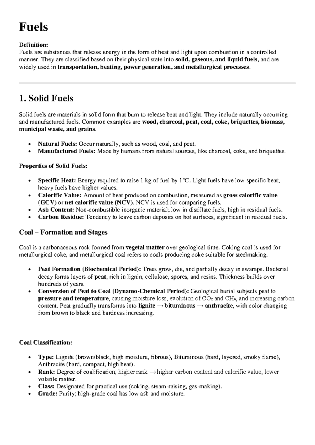 Fuel and Its Types: Solid and Gaseous Fuels Overview - Studocu