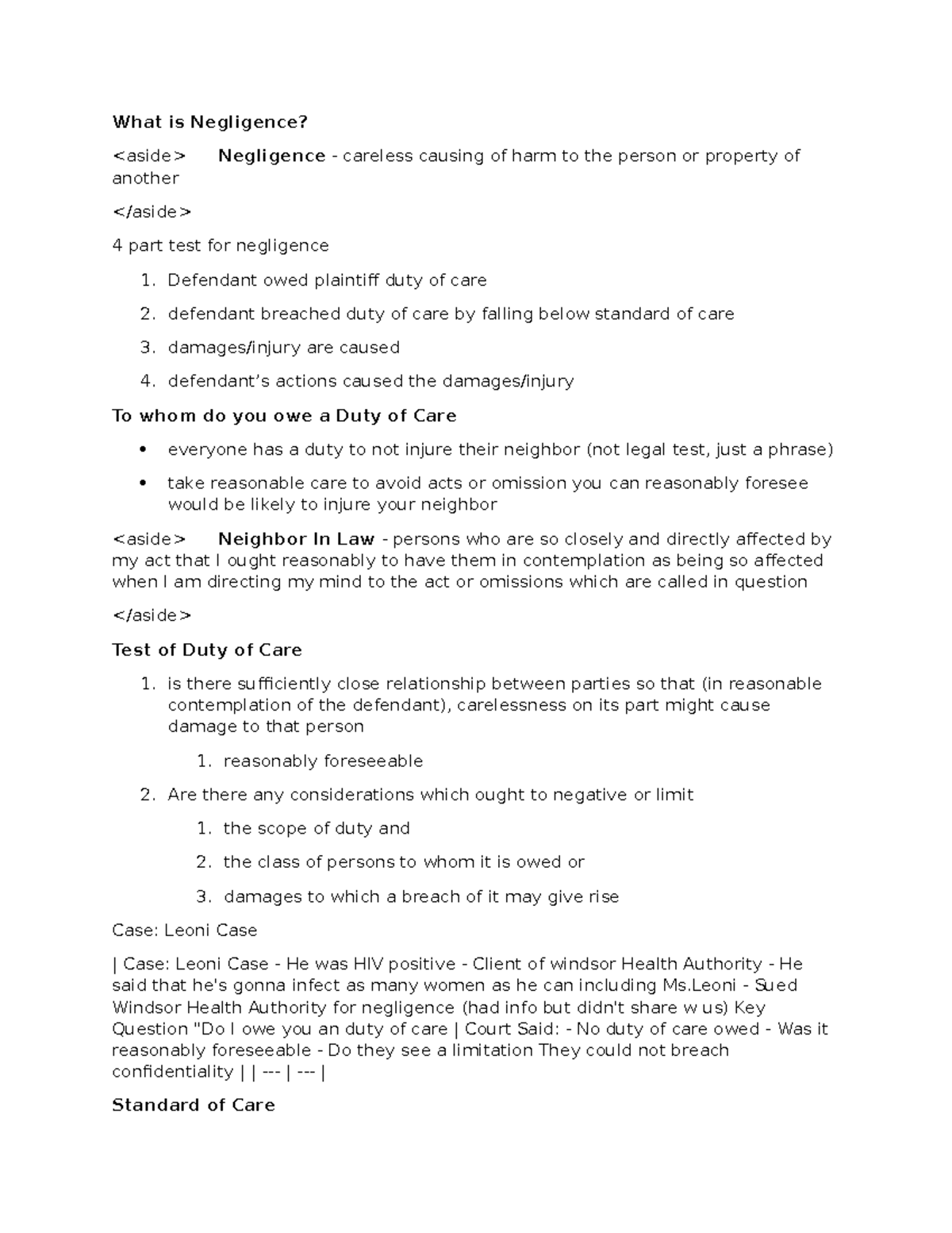 BU231 Final Exam Notes: Understanding Negligence and Duty of Care - Studocu