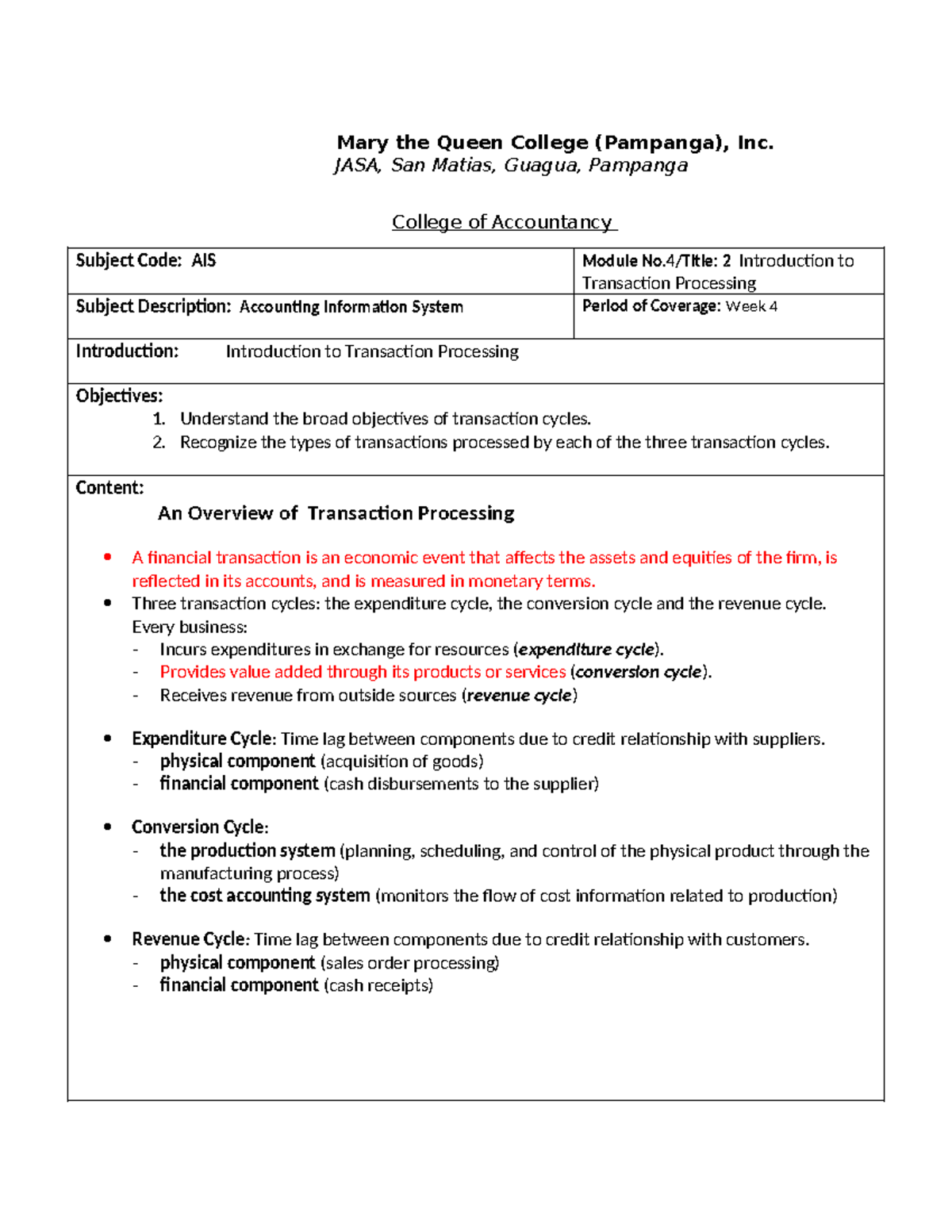AIS-Module-4: Test Bank for Introduction to Transaction Processing ...