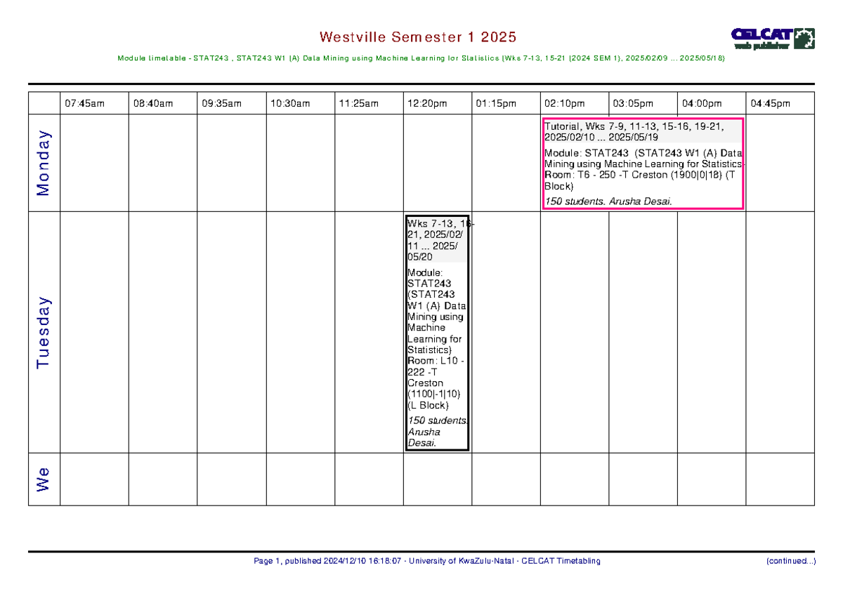 STAT243-A - Timetable for Data Mining & Machine Learning 2025 - Studocu