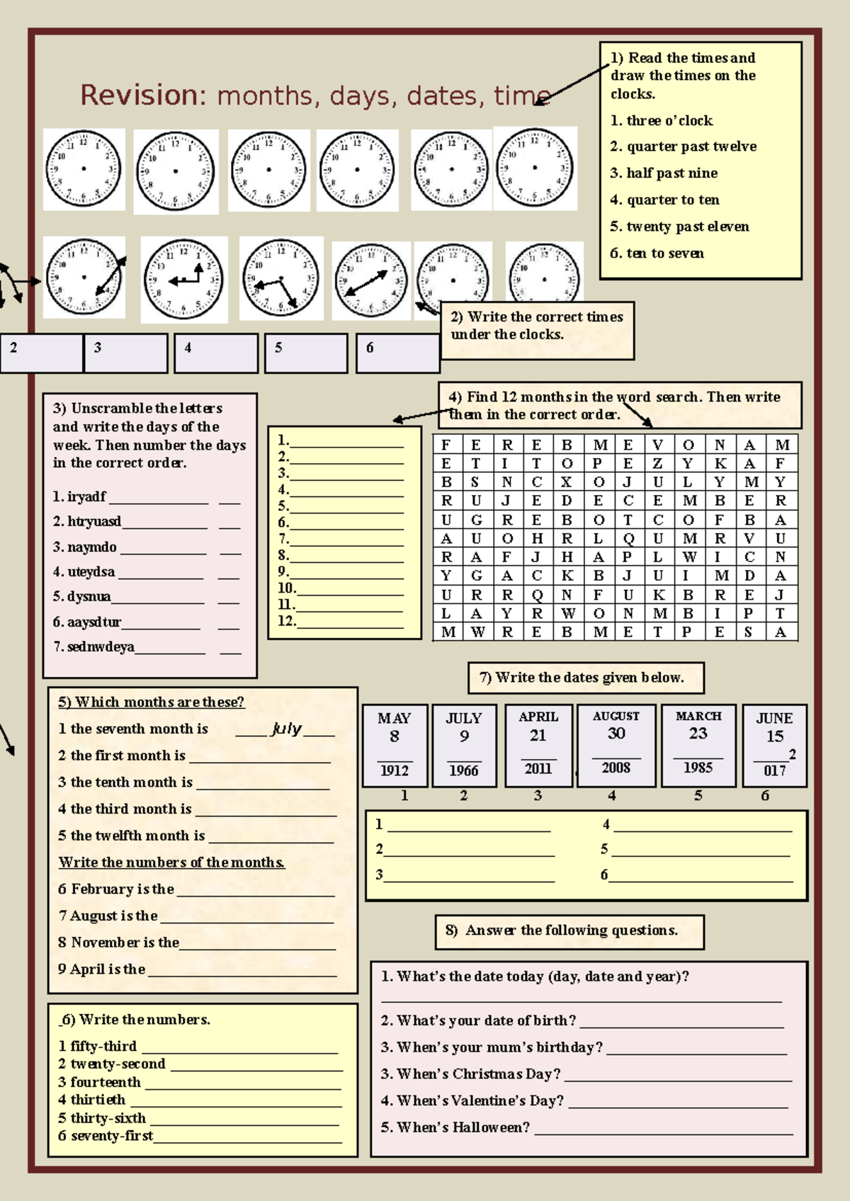 Revision: Months, Days, Dates, and Time Activities (100646) - Studocu