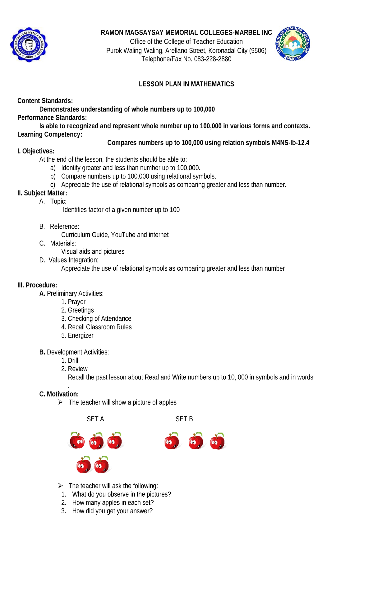 Math Lesson Plan: Comparing Whole Numbers Up to 100,000 for BEED-2 ...